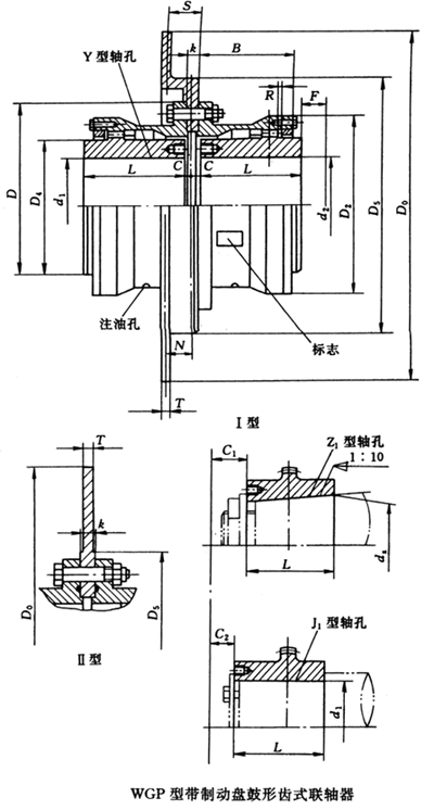 WGP型帶制動(dòng)盤(pán)鼓形齒式聯(lián)軸器外形及安裝尺寸(JB/T7001-93)